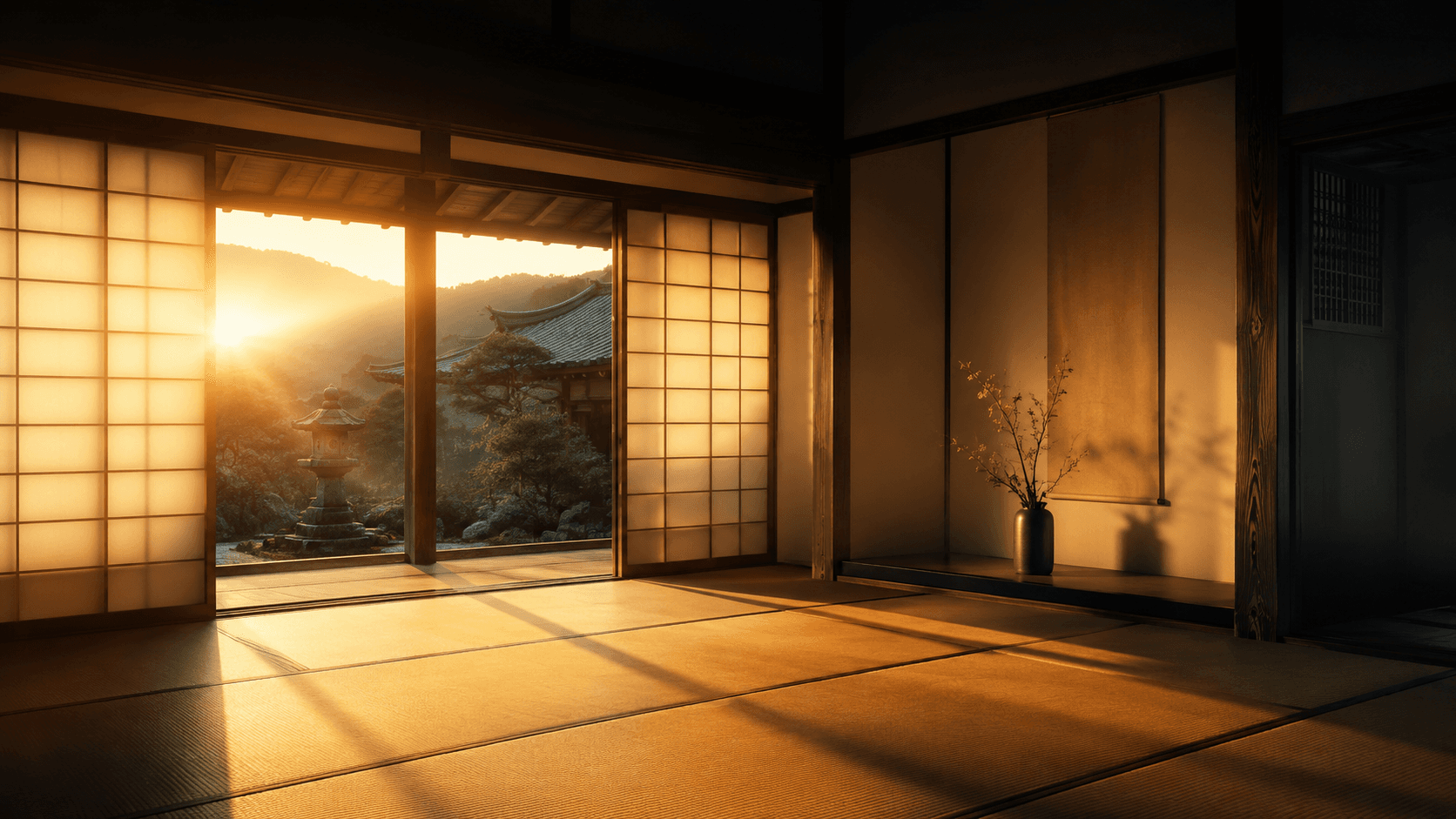 Interior de templo japonês com luz de amanhecer atravessando painéis shoji